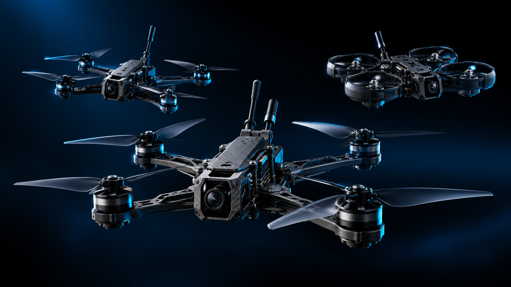 FPV drone family in a studio setting