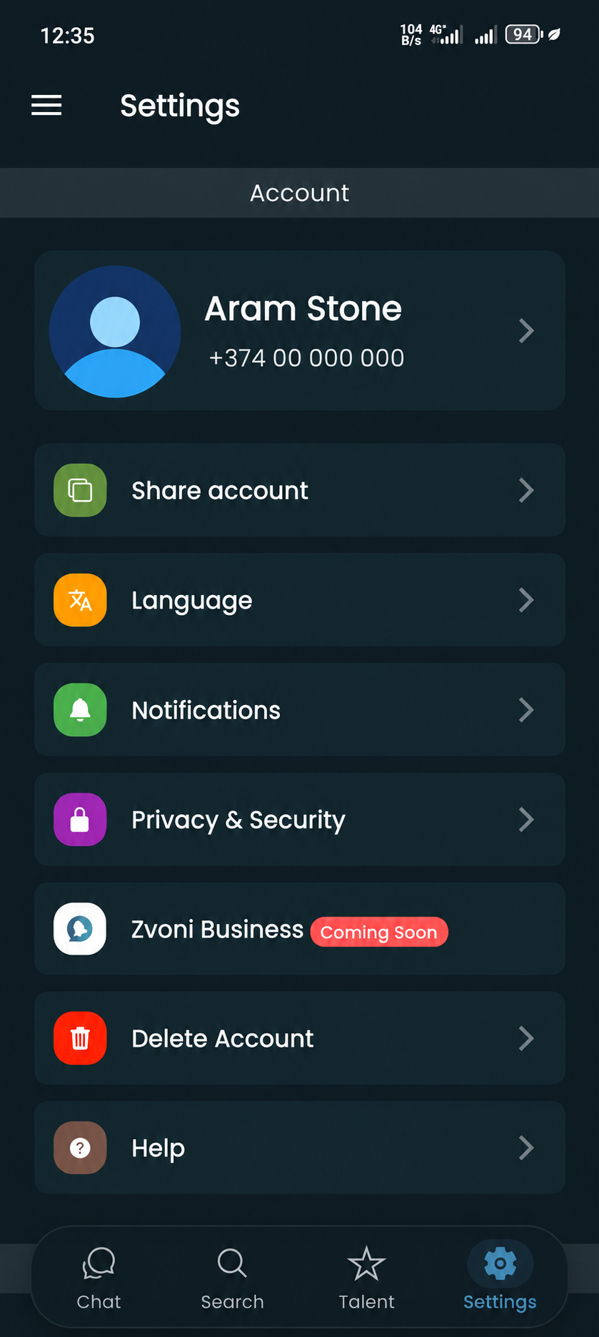 Anonymized Zvoni settings